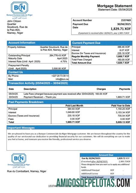 em branco Níger Banque Commerciale Du Niger (BCN) Declaração de hipoteca Word e modelo PDF